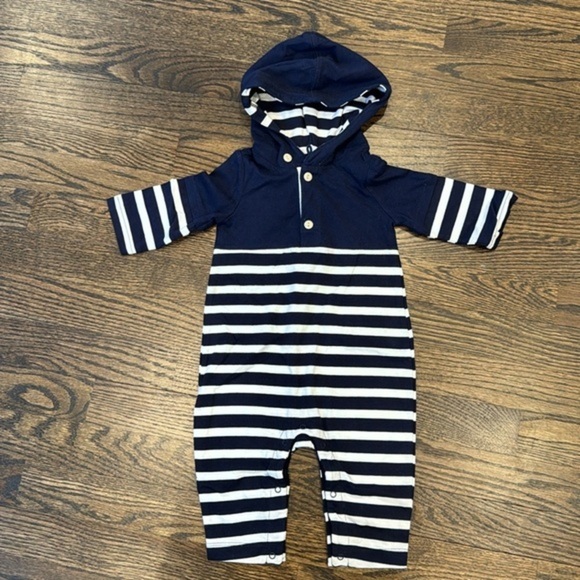 GAP Other - Baby Gap hooded stripe romper 3-6 months navy blue and white nwt